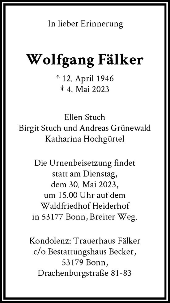 Anzeige von Wolfgang Fälker von General-Anzeiger Bonn