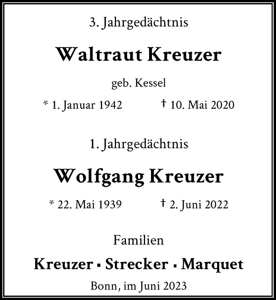 Anzeige von Wolfgang Kreuzer von General-Anzeiger Bonn