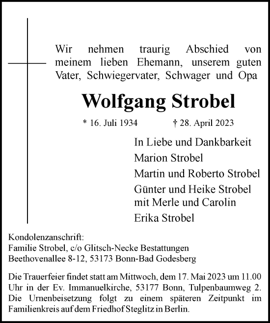 Anzeige von Wolfgang Strobel von General-Anzeiger Bonn