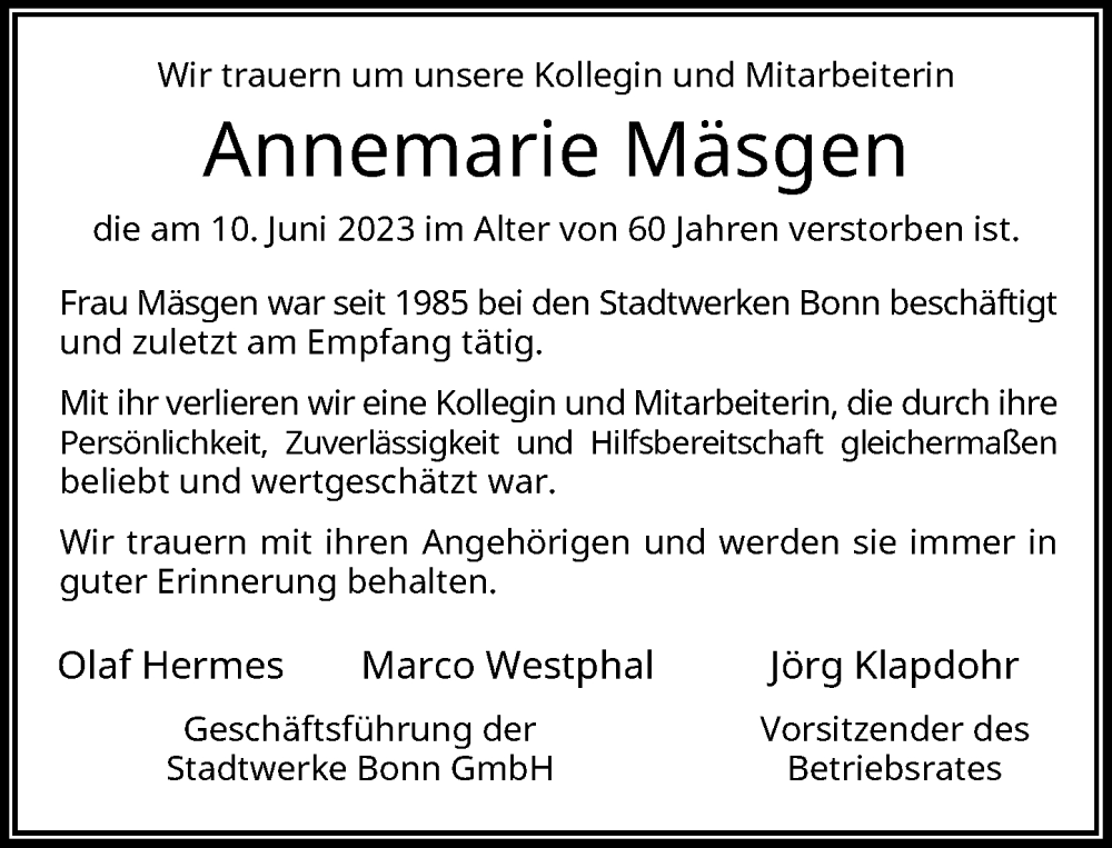  Traueranzeige für Annemarie Mäsgen vom 17.06.2023 aus General-Anzeiger Bonn