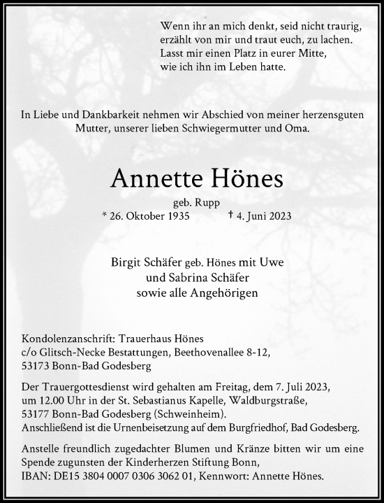 Anzeige von Annette Hönes von General-Anzeiger Bonn