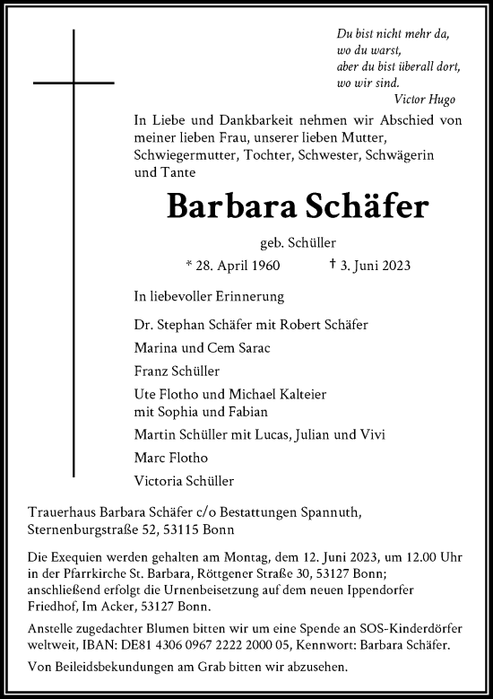Anzeige von Barbara Schäfer von General-Anzeiger Bonn