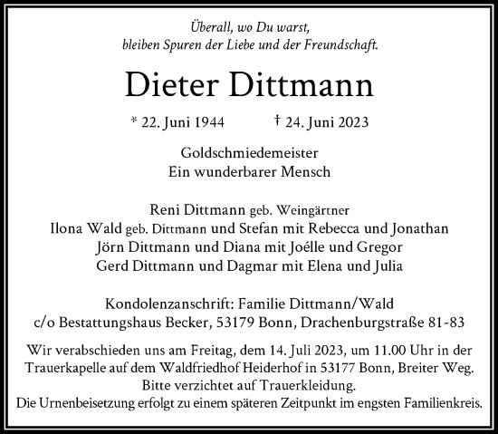 Anzeige von Dieter Dittmann von General-Anzeiger Bonn