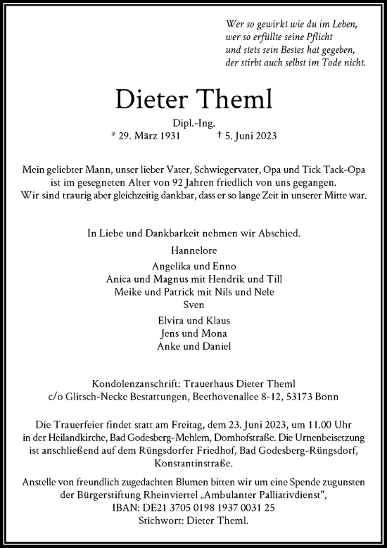 Anzeige von Dieter Theml von General-Anzeiger Bonn