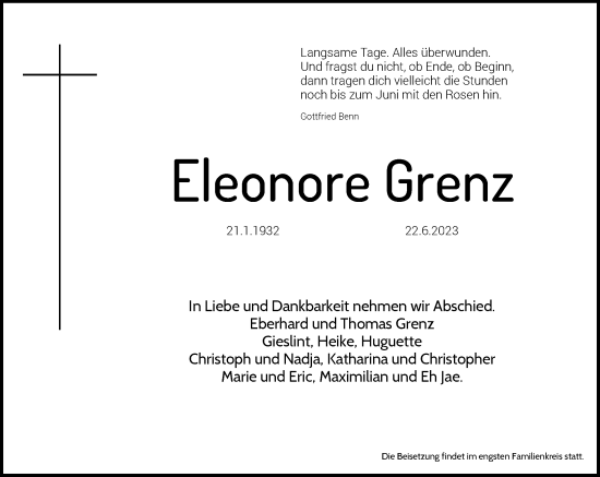 Anzeige von Eleonore Grenz von General-Anzeiger Bonn