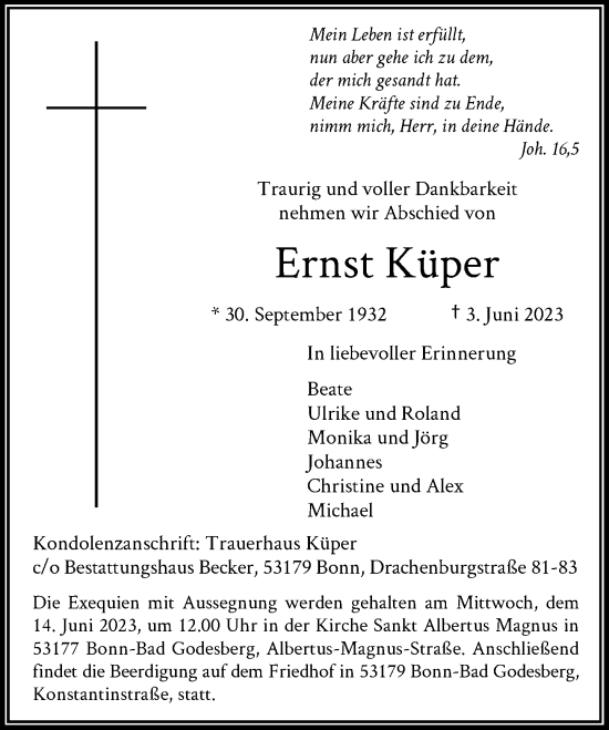 Anzeige von Ernst Küper von General-Anzeiger Bonn