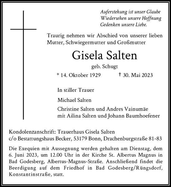 Anzeige von Gisela Salten von General-Anzeiger Bonn