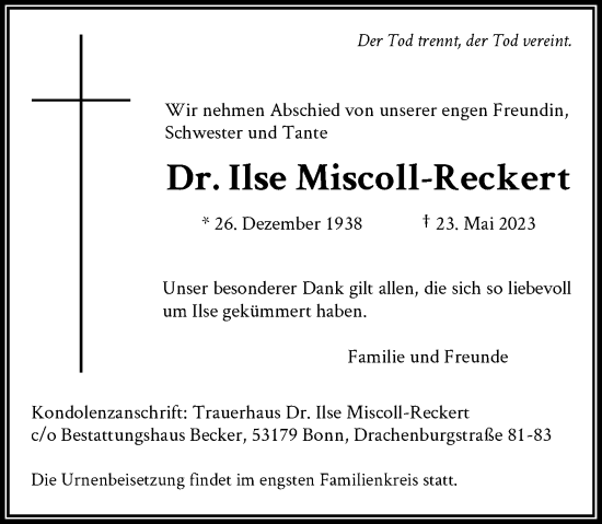 Anzeige von Ilse Miscoll-Reckert von General-Anzeiger Bonn