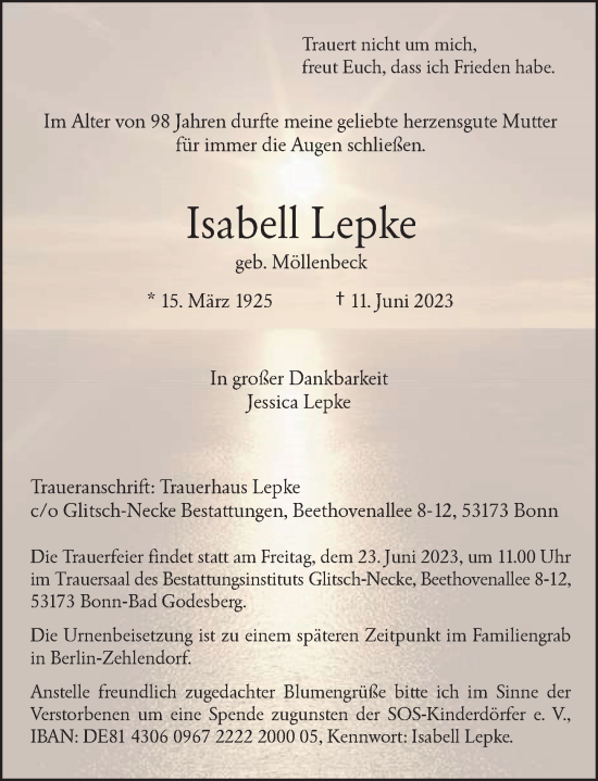 Anzeige von Isabell Lepke von General-Anzeiger Bonn