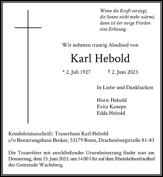 Anzeige von Karl Hebold von General-Anzeiger Bonn