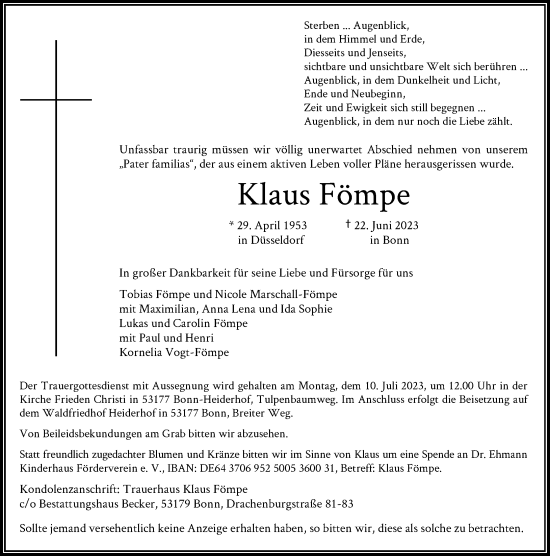 Anzeige von Klaus Fömpe von General-Anzeiger Bonn