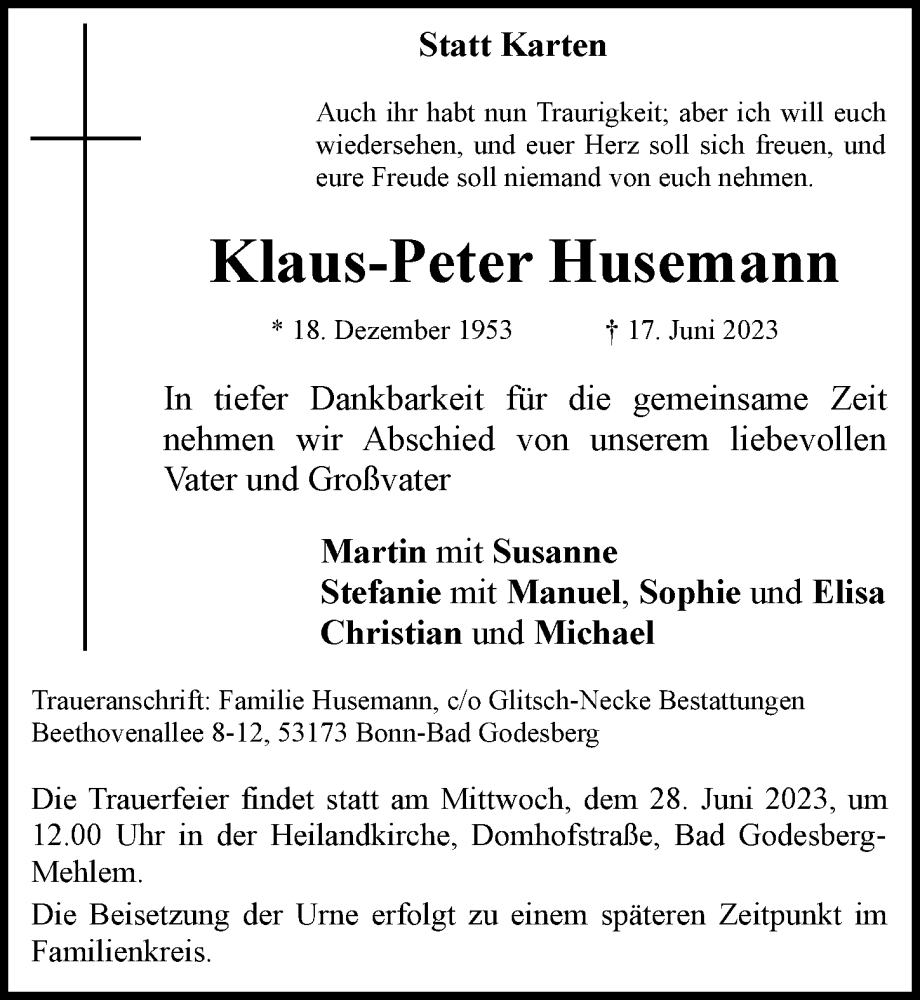  Traueranzeige für Klaus-Peter Husemann vom 24.06.2023 aus General-Anzeiger Bonn