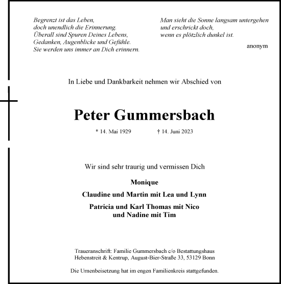 Anzeige von Peter Gummersbach von General-Anzeiger Bonn