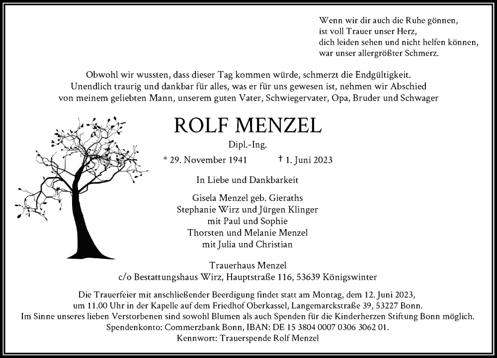  Traueranzeige für Rolf Menzel vom 03.06.2023 aus General-Anzeiger Bonn