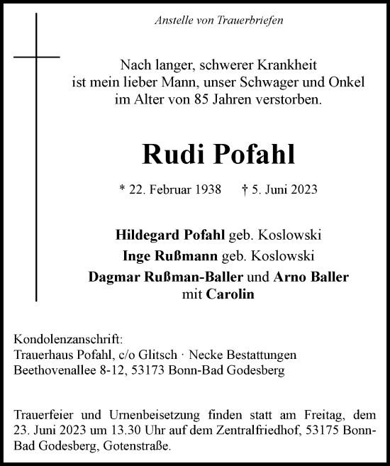 Anzeige von Rudi Pofahl von General-Anzeiger Bonn
