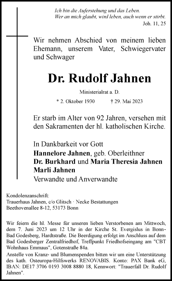 Anzeige von Rudolf Jahnen von General-Anzeiger Bonn