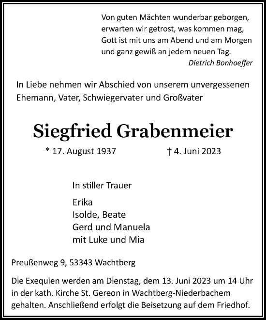 Anzeige von Siegfried Grabenmeier von General-Anzeiger Bonn