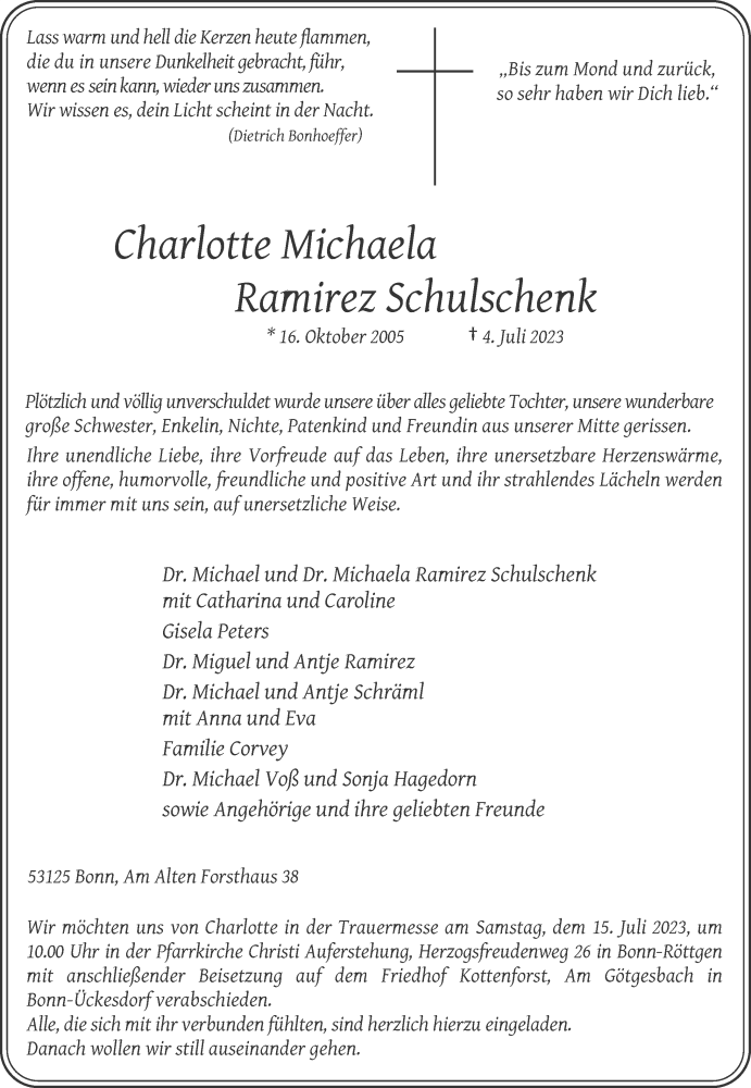  Traueranzeige für Charlotte Michaela Ramirez Schulschenk vom 12.07.2023 aus General-Anzeiger Bonn