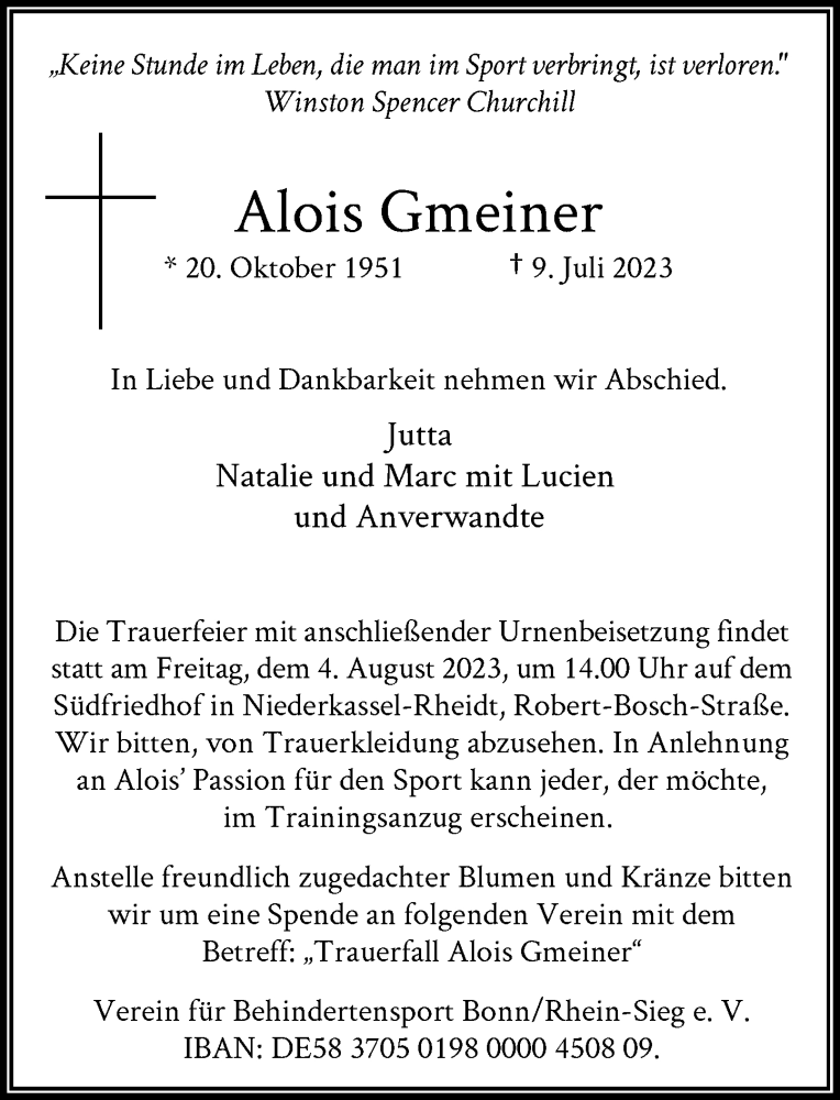  Traueranzeige für Alois Gmeiner vom 22.07.2023 aus General-Anzeiger Bonn
