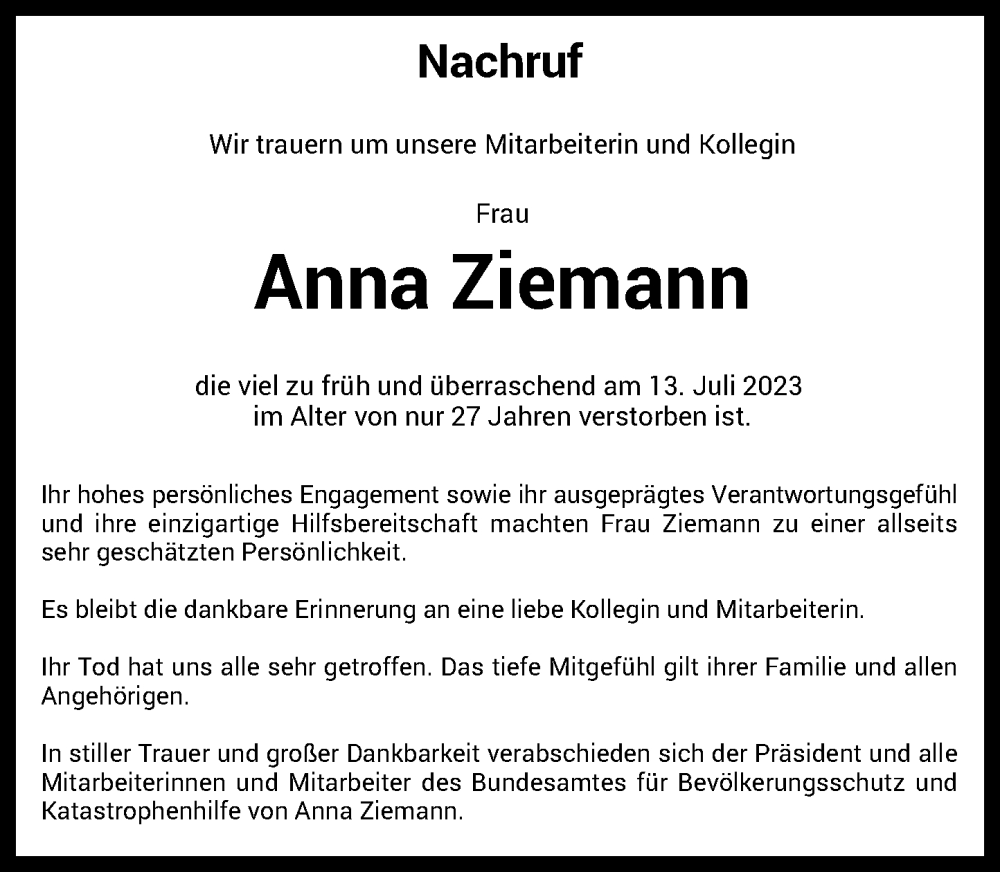  Traueranzeige für Anna Ziemann vom 25.07.2023 aus General-Anzeiger Bonn