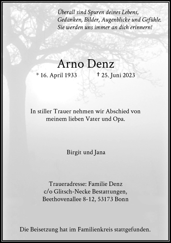 Anzeige von Arno Denz von General-Anzeiger Bonn