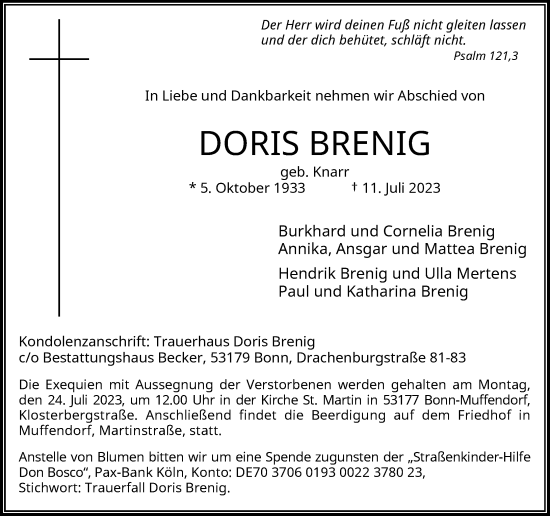 Anzeige von Doris Brenig von General-Anzeiger Bonn
