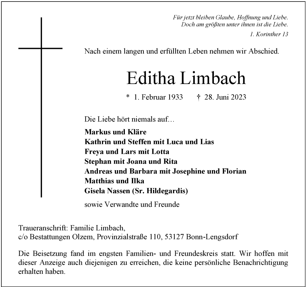  Traueranzeige für Editha Limbach vom 08.07.2023 aus General-Anzeiger Bonn