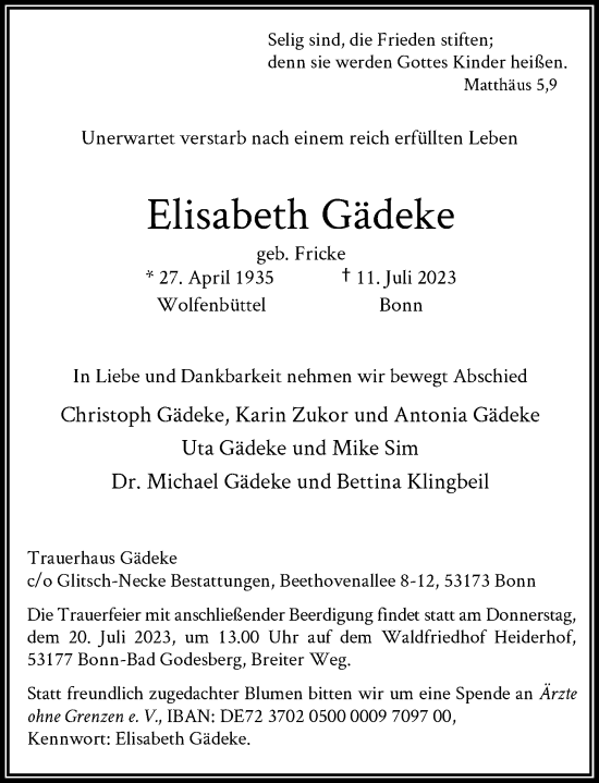 Anzeige von Elisabeth Gädeke von General-Anzeiger Bonn