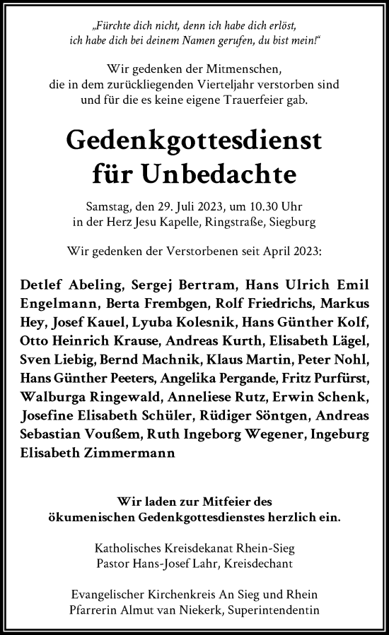Anzeige von Gedenkgottesdienst für Unbedachte  von General-Anzeiger Bonn