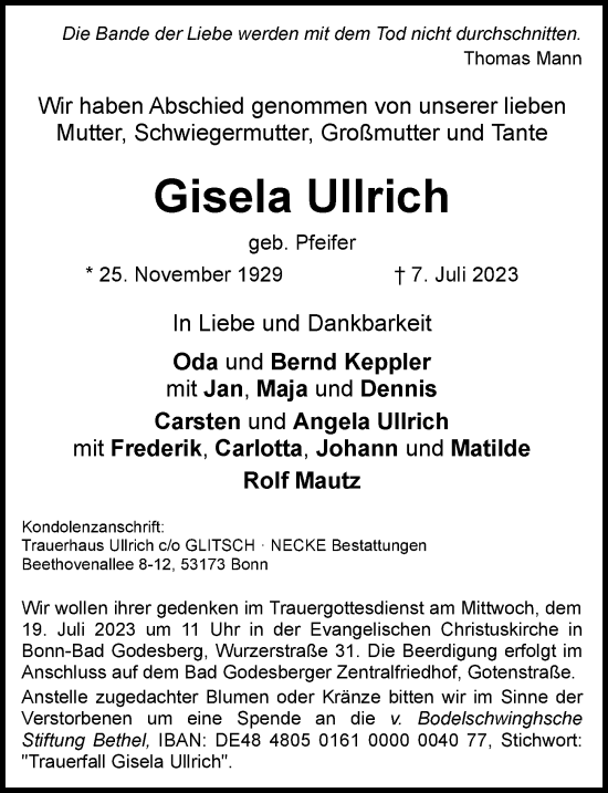 Anzeige von Gisela Ullrich von General-Anzeiger Bonn