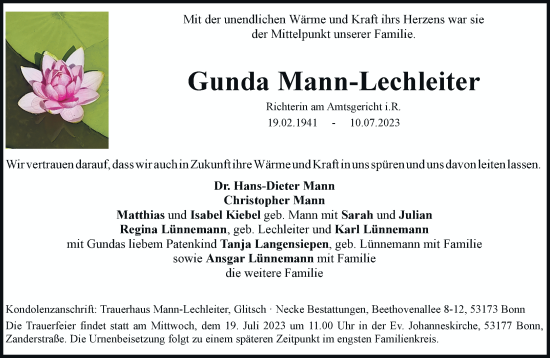 Anzeige von Gunda Mann-Lechleiter von General-Anzeiger Bonn