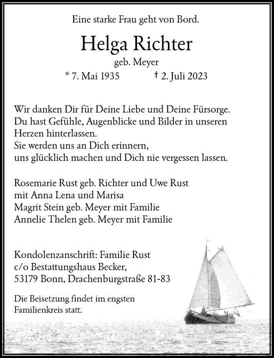Anzeige von Helga Richter von General-Anzeiger Bonn