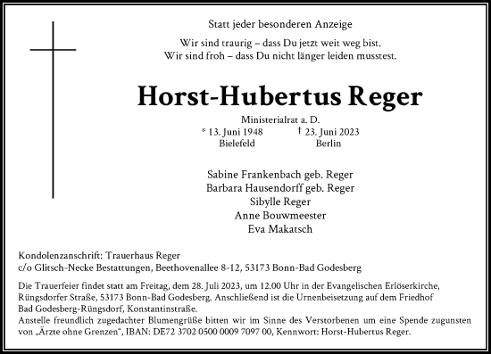 Anzeige von Horst-Hubertus Reger von General-Anzeiger Bonn