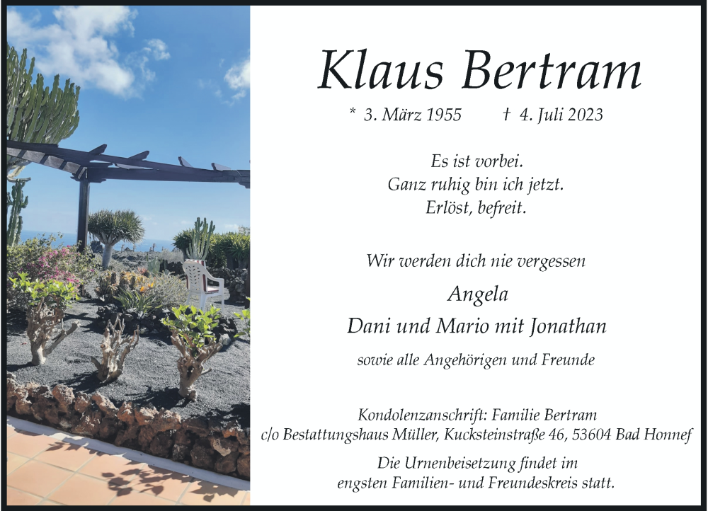  Traueranzeige für Klaus Bertram vom 15.07.2023 aus General-Anzeiger Bonn