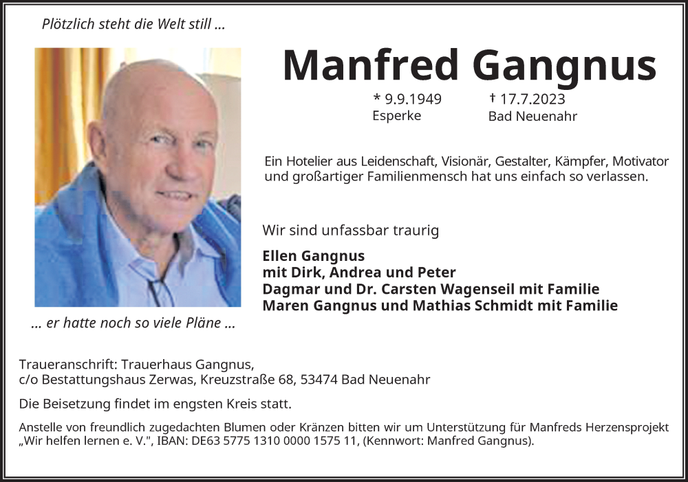  Traueranzeige für Manfred Gangnus vom 22.07.2023 aus General-Anzeiger Bonn