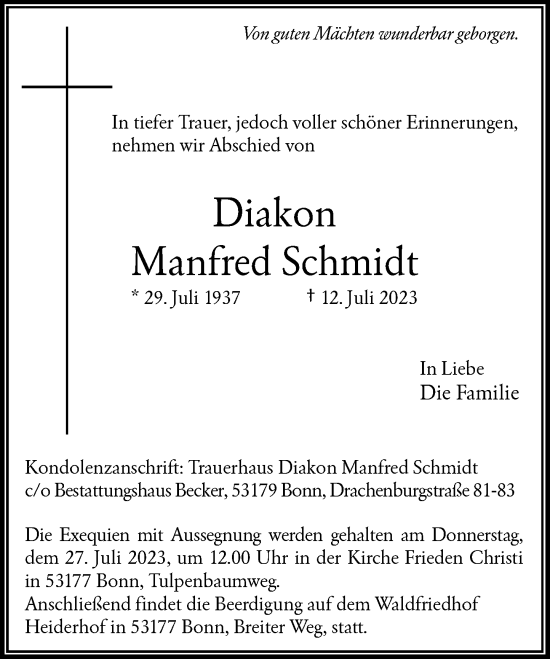 Anzeige von Manfred Schmidt von General-Anzeiger Bonn