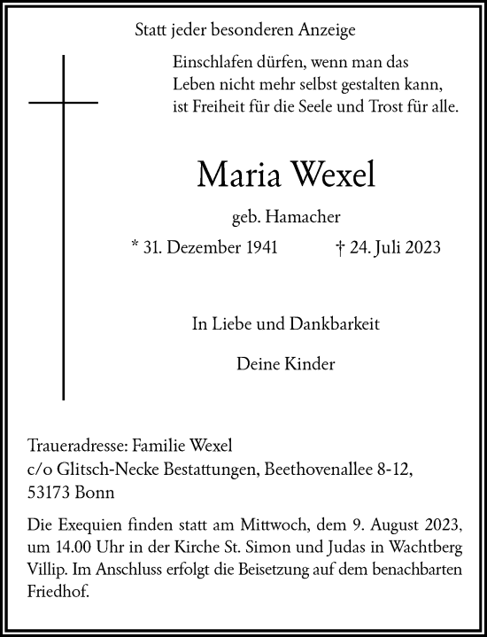 Anzeige von Maria Wexel von General-Anzeiger Bonn