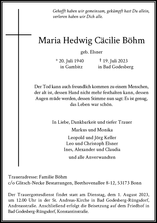 Anzeige von Maria Hedwig Cäcilie Böhm von General-Anzeiger Bonn