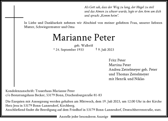 Anzeige von Marianne Peter von General-Anzeiger Bonn