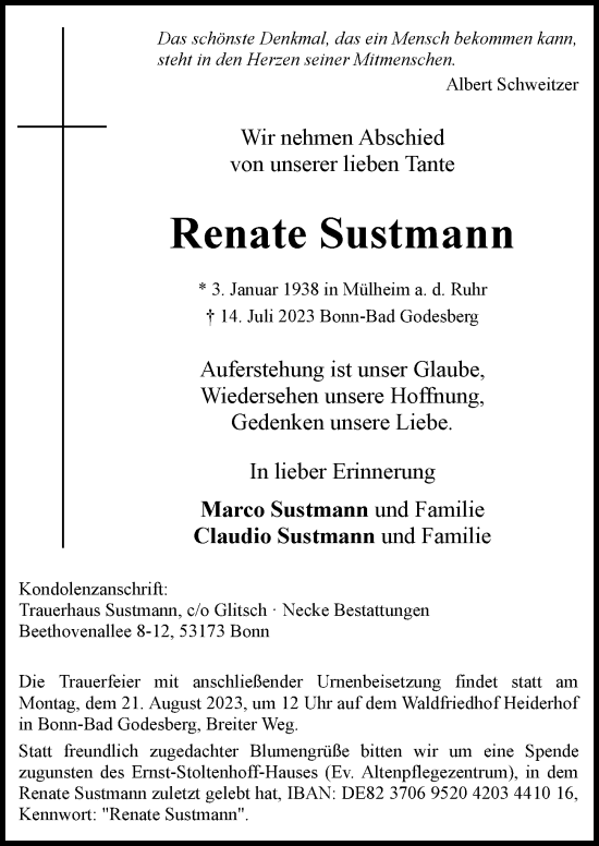 Anzeige von Renate Sustmann von General-Anzeiger Bonn