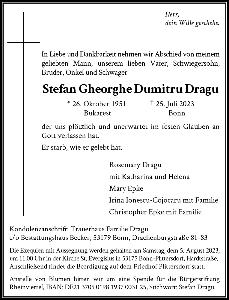  Traueranzeige für Stefan Gheorghe Dumitru Dragu vom 29.07.2023 aus General-Anzeiger Bonn