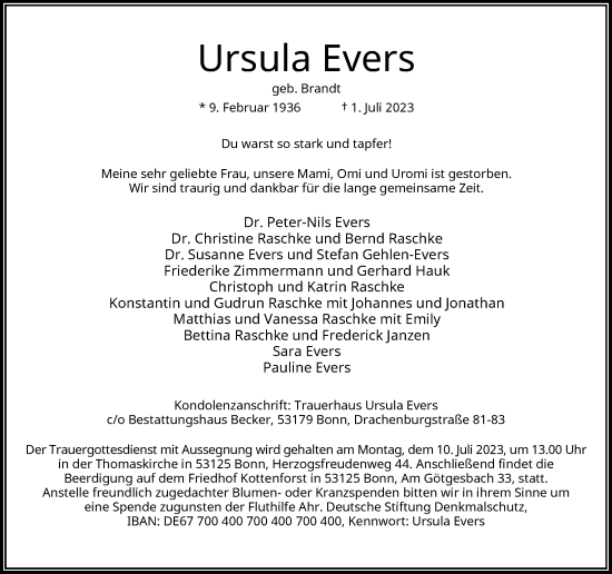 Anzeige von Ursula Evers von General-Anzeiger Bonn