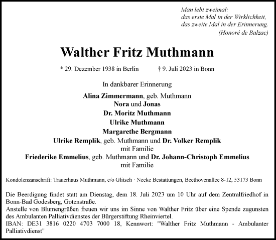 Anzeige von Walther Fritz Muthmann von General-Anzeiger Bonn