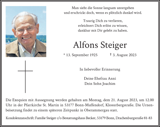 Anzeige von Alfons Steiger von General-Anzeiger Bonn