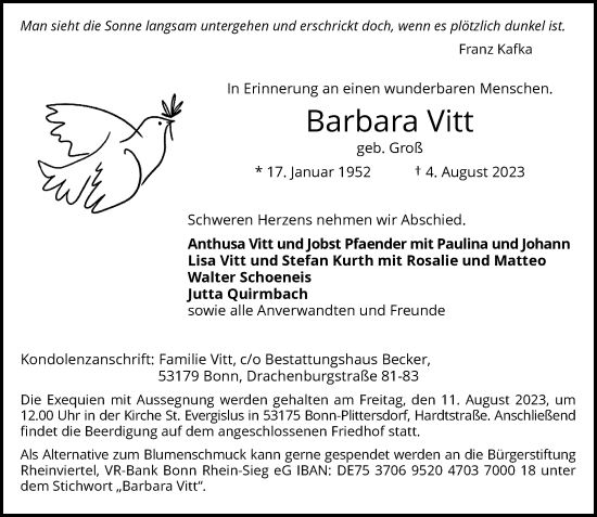 Anzeige von Barbara Vitt von General-Anzeiger Bonn
