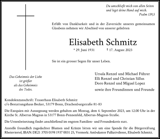 Anzeige von Elisabeth Schmitz von General-Anzeiger Bonn