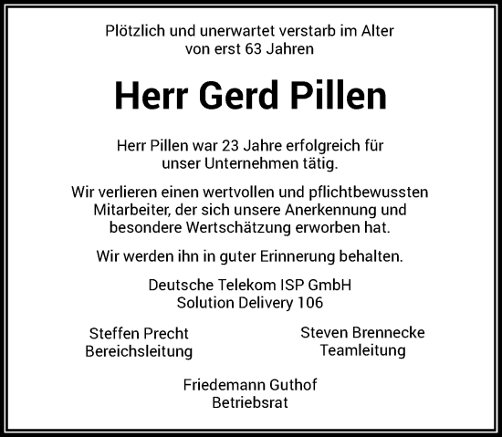 Anzeige von Gerd Pillen von General-Anzeiger Bonn