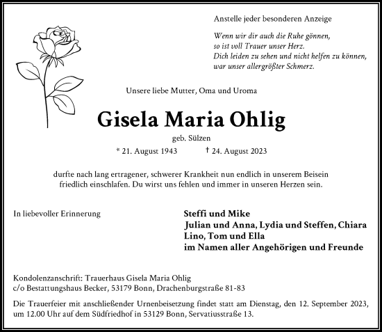 Anzeige von Gisela Maria Ohlig von General-Anzeiger Bonn