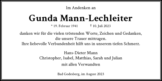 Anzeige von Gunda Mann-Lechleiter von General-Anzeiger Bonn