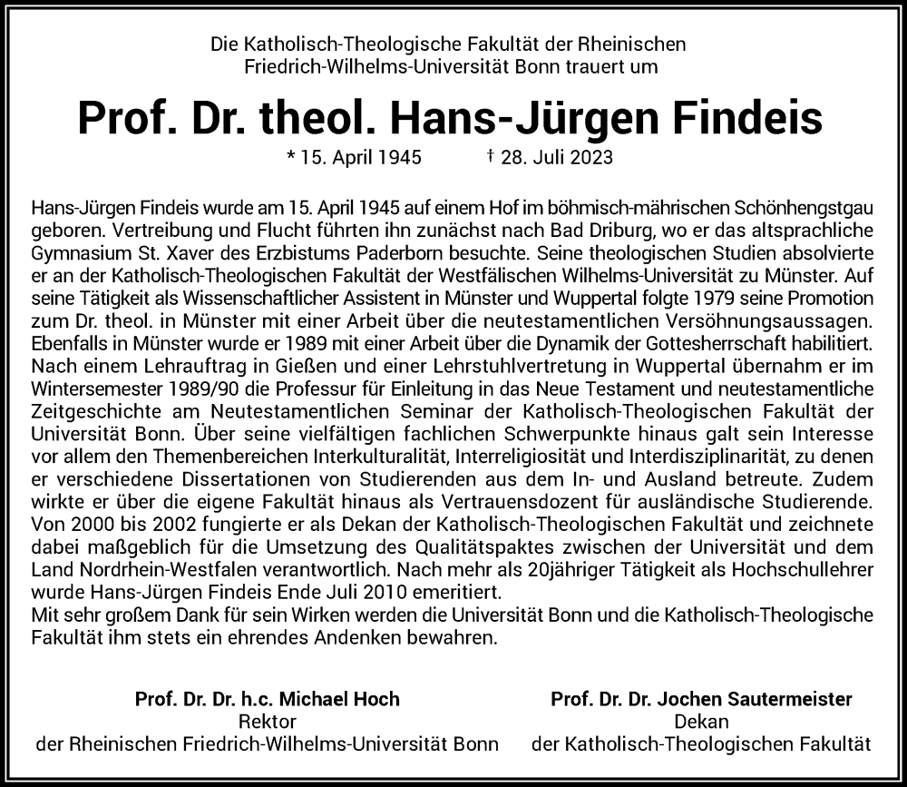  Traueranzeige für Hans-Jürgen Findeis vom 05.08.2023 aus General-Anzeiger Bonn